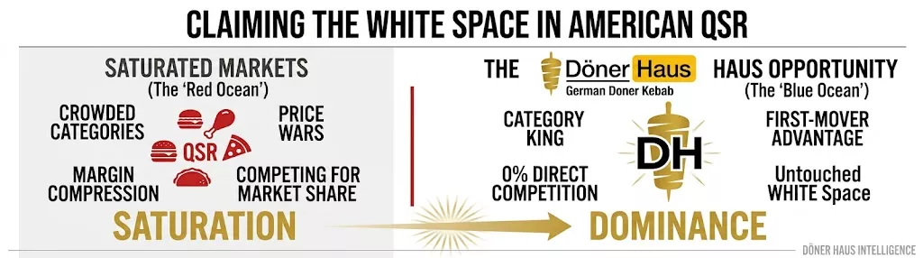 A chart contrasting saturated US quick-service categories with an uncontested döner segment, with an arrow running from saturation to dominance