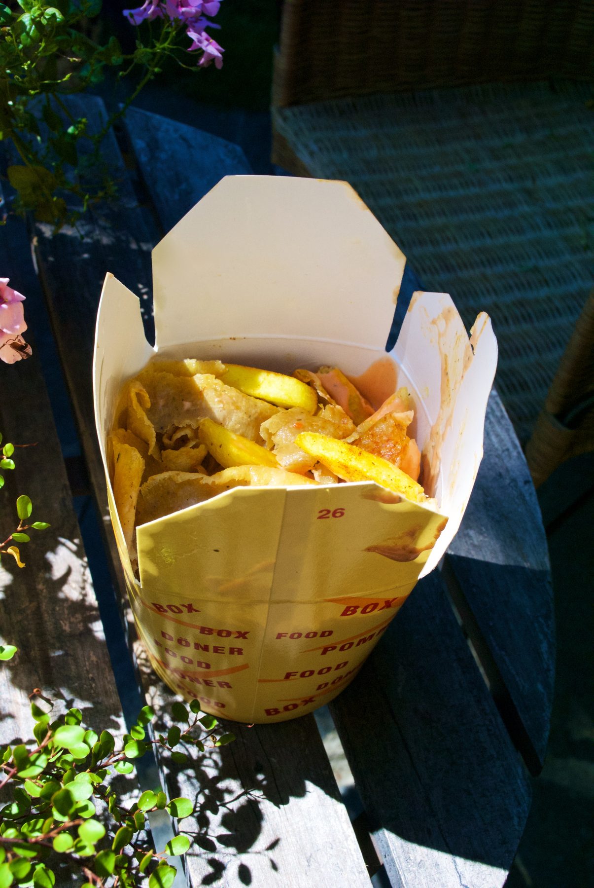 Open paper döner box filled with shaved meat and thick-cut fries
