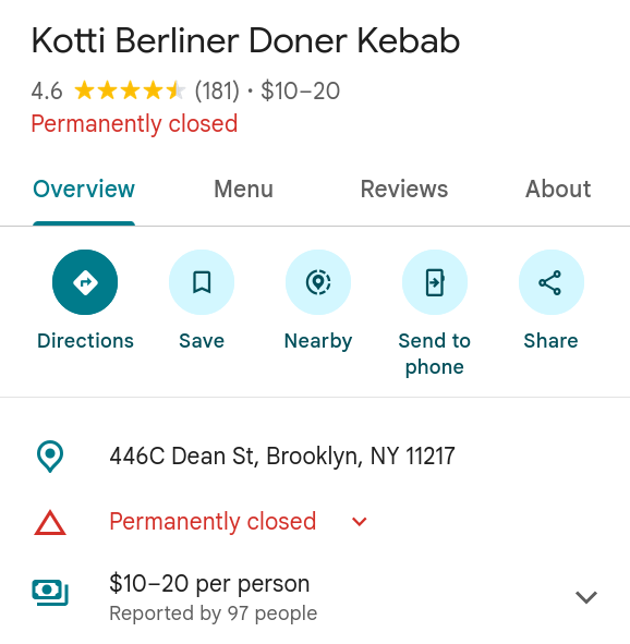 Google listing for Kotti Berliner Doner Kebab at 446C Dean Street, Brooklyn, marked permanently closed