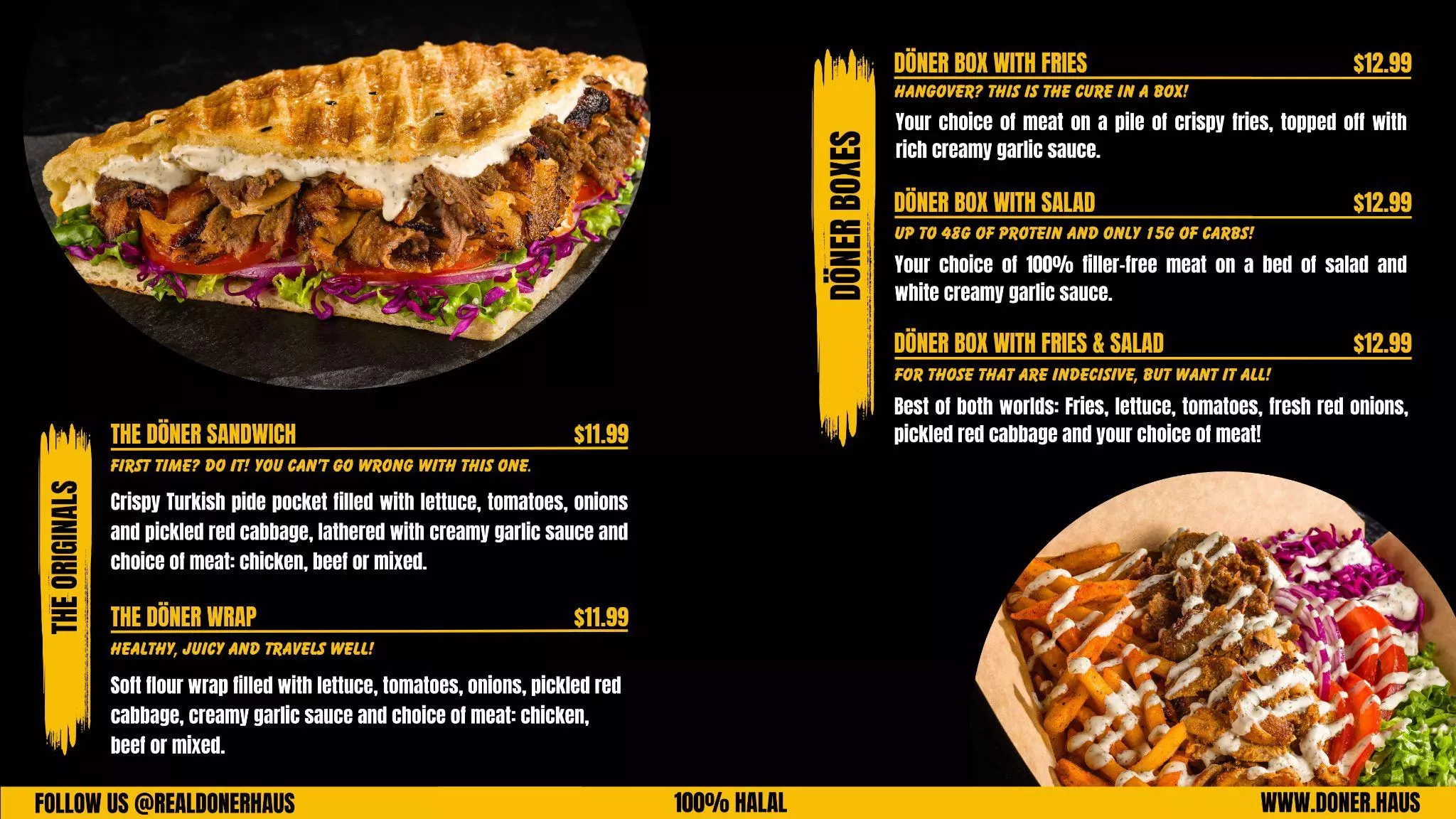 An in-store menu board in black and gold, with the sandwich, the wrap, the box and loaded fries listed beside sandwich photography